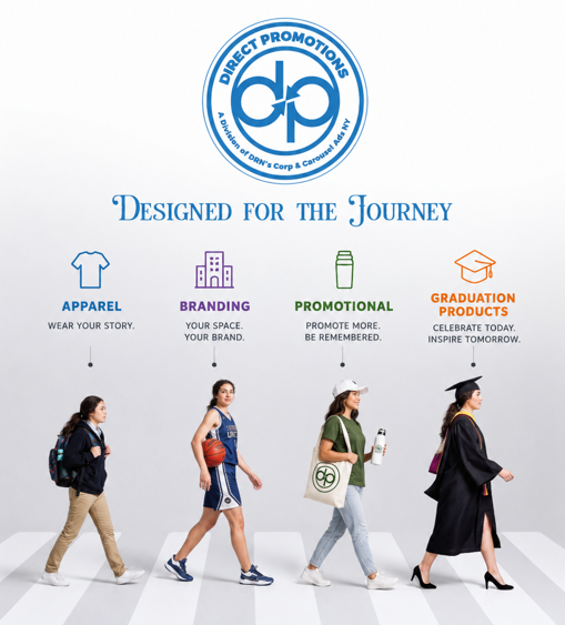 Students moving through the DirectPromos journey: apparel, branding, promotional, graduation