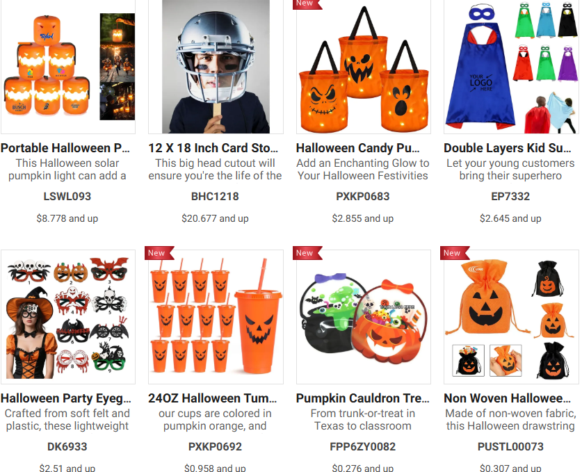 Halloween promotional items including pumpkin lights, candy pails, capes, tumblers and treat bags